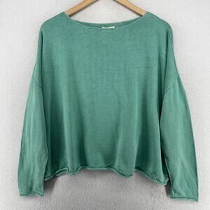 EILEEN FISHER Sweater S Organic Cotton Boxy Boat Neck Roll Hem Oversized Green